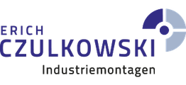Logo von Erich Czulkowski Industriemontagen mit blauem Text und einem stilisierten Kreis-Symbol.