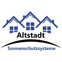 Drei blaue Hausdächer mit Fenstern und der Text "Altstadt Sonnenschutzsysteme".