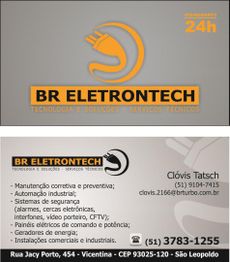 Cartão da BR Eletrontech com informações de contato e serviços oferecidos. Atendimento 24h.