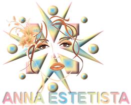 Illustrazione di un volto stilizzato con fiori e forme geometriche. Testo: "ANNA ESTETISTA".