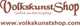Logo von VolkskunstShop mit Slogan und Webseite in brauner Schrift.