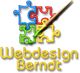 Bunte Puzzleteile mit einem Pinsel; darunter der Text "Webdesign Berndt" in gelber Schrift.