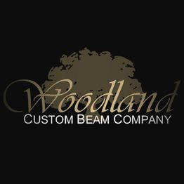 "Woodland Custom Beam Company logo with a stylized tree silhouette in the background."