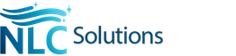 Logo of NLC Solutions with stylized blue wave and sparkles.