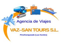 Agencia de viajes "VAZ-SAN TOURS S.L." con íconos de avión, tren y barco.
