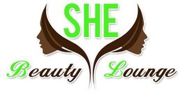 Logo: Zwei Profilgesichter, Text "SHE Beauty Lounge" in Grün und Braun.