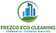 Eco cleaning logo with buildings and green circle.