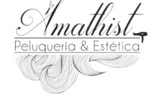 Logo de "Amathist Peluquería & Estética" con diseño de cabello estilizado y secador.