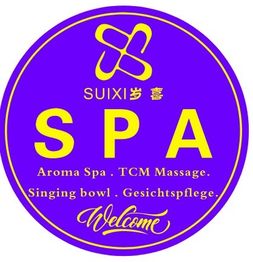 Rundes lila Logo: "SUIXI SPA" mit Services wie TCM Massage und Gesichts- pflege. "Welcome".