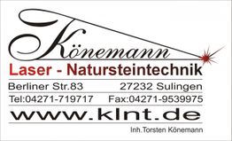 Geschäftslogo von Könemann Laser-Natursteintechnik mit Kontaktdaten und Website-Adresse.