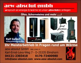 Werbung für aew-absolut GmbH, Ofen- und Schornsteinservices mit Kontaktinformationen.