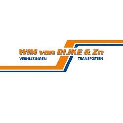Logo van Wim van Dijke & Zn: "VERHUIZINGEN TRANSPORTEN" in oranje en blauw.