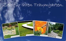 Vier Gartenstile: Landschafts-, formaler-, Themen- und Kiesgarten vor blauem Himmel.