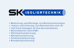 SK Isoliertechnik-Logo mit Dienstleistungen: Isolierung, Verkauf von Dämmstoffen, EnEV-Arbeiten.