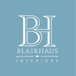 Logo with "BH Blairhaus Interiors" in white on a blue background.