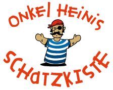 Zeichnung eines Piraten mit "Onkel Heinis Schatzkiste" in roter Schrift darüber und darunter.