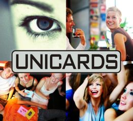 Collage mit fröhlichen Menschen und einem großen Auge. Text: "UNICARDS".