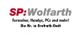 Logo mit der Aufschrift: "SP: Wolfarth - Fernseher, Handys, PCs und mehr! Die Nr. in Grefrath-Oedt".