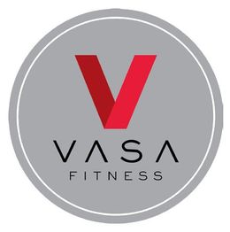 Gray circular logo with a red "V" and the words "VASA FITNESS" in black below.