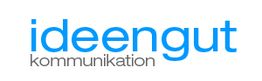 Logo: "ideengut kommunikation" in blauer und grauer Schrift auf weißem Hintergrund.