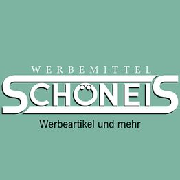 Logo mit Text "Werbemittel Schöneis, Werbeartikel und mehr" auf mintgrünem Hintergrund.