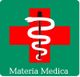 Rotes Kreuz, umwickelt von einer Schlange, auf grünem Hintergrund mit "Materia Medica"-Text.