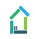 Abstract house logo with geometric shapes in green, blue, and teal shades.