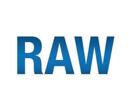 Text "RAW" in blauer, fetter Schrift auf weißem Hintergrund.