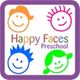 Smiling child faces in various colors with "Happy Faces Preschool" text in the center.