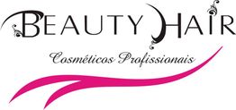 Logotipo Beauty Hair com texto "Cosméticos Profissionais" e design rosa estilizado abaixo.