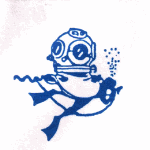 Zeichnung eines Tauchers mit altmodischem Helm, der schwimmt und Luftblasen ausstößt.