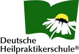 Logo der Deutschen Heilpraktikerschule: grüne Seite mit weißer Blume und gelber Mitte.