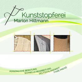 Logo der Kunststopferei Marion Hiltmann mit drei Stoffbildern und Slogan zu Service und Preisen.