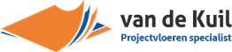 Logo van Van de Kuil met golfpatroon in oranje en blauw, tekst: Projectvloeren specialist.