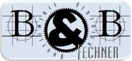 Logo mit Text: "BB u. Fechner", Zahnräder, geometrische Formen auf blauem Hintergrund.