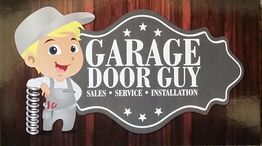 Cartoon worker next to "Garage Door Guy" sign, offering sales, service, and installation.