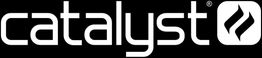 Logo with the word "catalyst" in white and a flame icon on a black background.