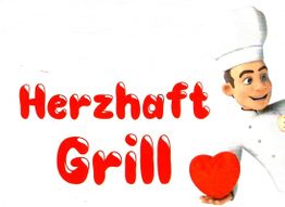 Comicfigur Koch mit weißer Mütze und "Herzhaft Grill" in roter Herz-Schrift neben ihm.