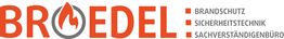 Broedel-Logo mit Flammen-Symbol, Text: Brandschutz, Sicherheitstechnik, Sachverständigenbüro.
