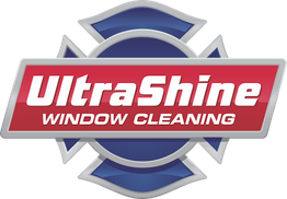 Logo with "UltraShine Window Cleaning" in bold red and white over a blue shield design.