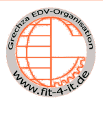 Logo mit Zahnrad und Gitter, Text: "Grechza EDV-Organisation", "www.fit-4-it.de".