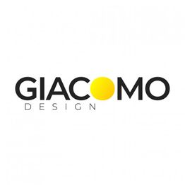 Giacomo Design-Logo: Schwarzer Text mit gelbem Kreis anstelle des Buchstabens "O".
