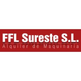 Logo de FFL Sureste S.L., dedicado al alquiler de maquinaria, fondo rojo y texto blanco.