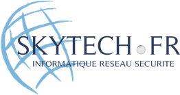Logo de Skytech FR avec texte "Informatique Réseau Sécurité" et globe stylisé.