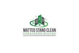 Logo von Matteo Stano Clean mit Gebäuden und Reinigungs-Symbolen, grün und schwarz gestaltet.