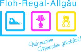Logo mit Sneaker, Lampe, Teddybär. Text: Floh-Regal-Allgäu, Wir machen Menschen glücklich!
