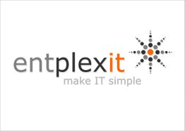 Logo mit Text "entplexit", Slogan "make IT simple" und einem sternenförmigen Punktemuster.