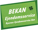 Grønt skilt med teksten "BEKAN Ejendomsservice" og et kløverblad symbol øverst.