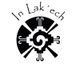 Schwarz-weißes Maya-Symbol mit Text "In Lak'ech" darüber.