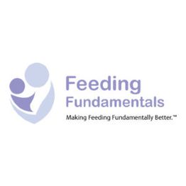 Logo of "Feeding Fundamentals" with a graphic of a caregiver holding a child, in purple tones.